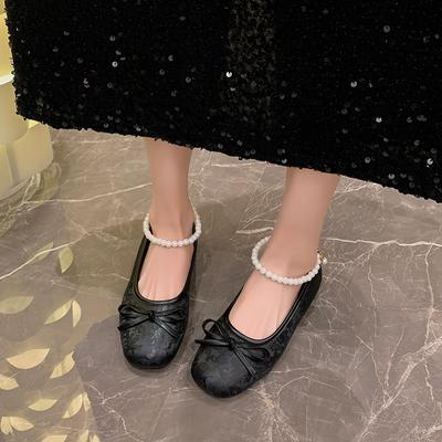 Мода 2024 года, новая осенняя мода, ретро, женские туфли однотонные, с квадратным носком, с принтом банта, жемчужной пряжкой, цепочкой и декоративными высокими каблуками