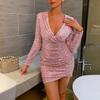 Women's Sequin Evening Dress Long Sleeved V-neck Sexy Nightclub Solid Color Dress