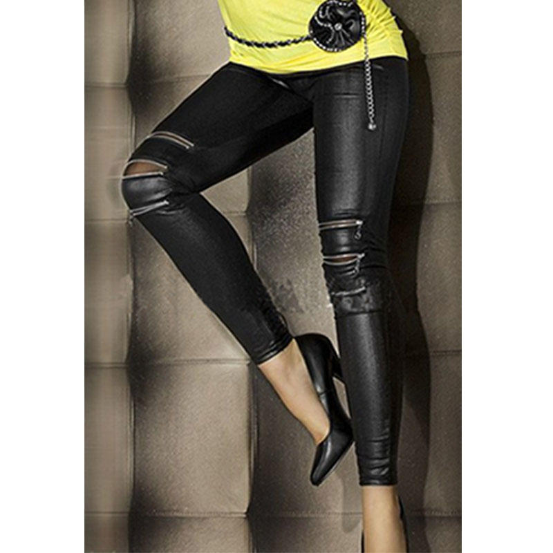 Сексуальные готические нерегулярные эластичные брюки из искусственной кожи Черные колготки