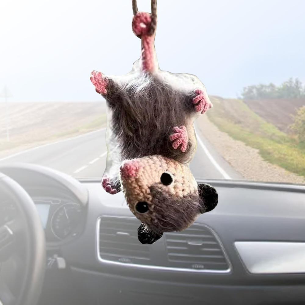 Crochet Rearview Mirror Accessory Handmade Knitted Screaming Possum Ornament For Car Interior
