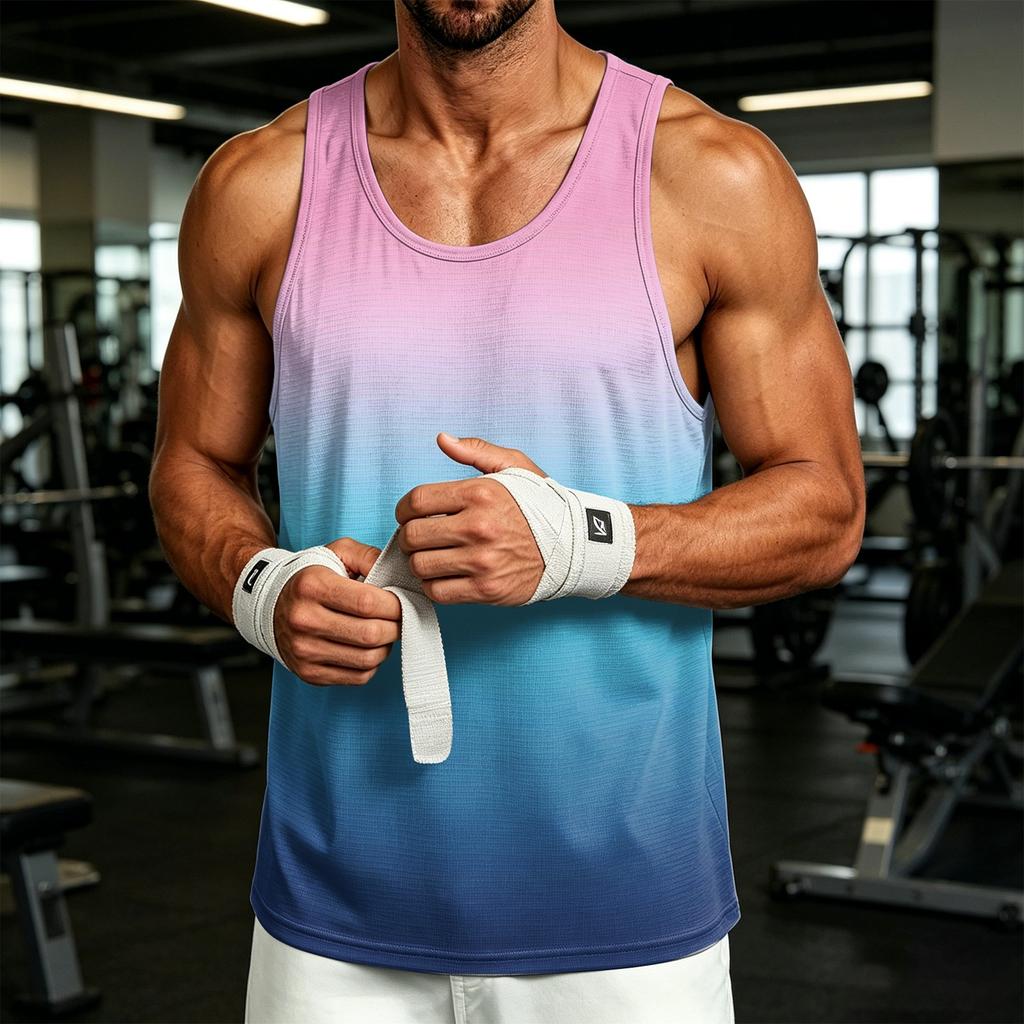 Мужской повседневный топ-майка с градиентной печатью, для активного отдыха и спорта, с круглым вырезом, без рукавов, легкий, дышащий, спортивный жилет