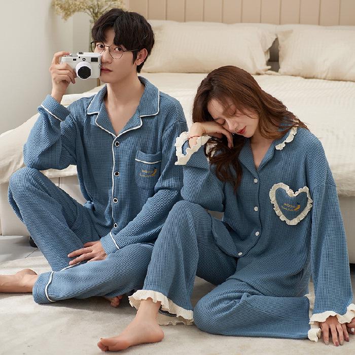 Cute Couple Pajamas: Women's Spring & Autumn Waffle Long Sleeves and Men's Casual Large Size Homewear