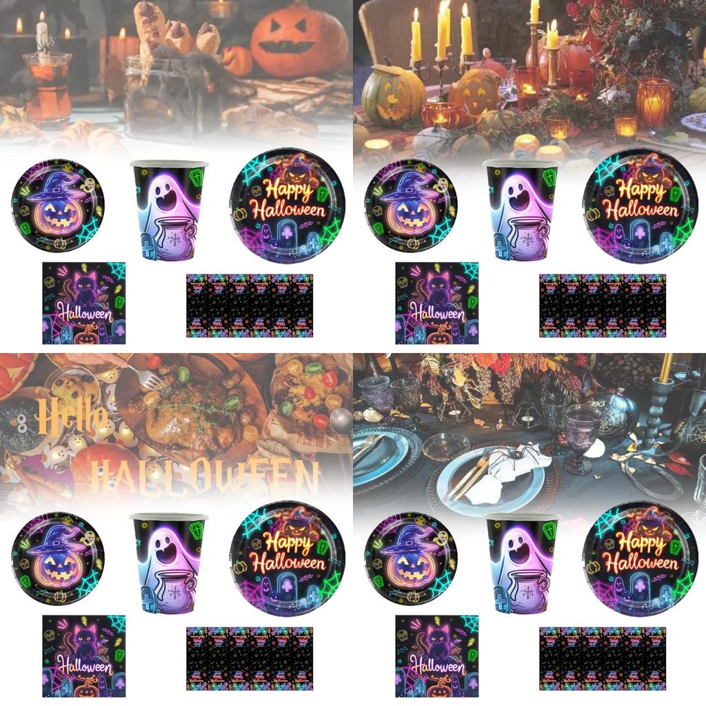 Spooky Halloween Themed Disposable Dinnerware Set For 12 Includes Paper Plates Cups Napkins And Table Cover