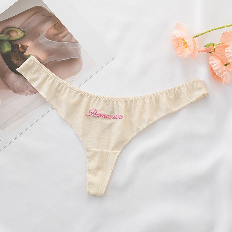 English Letters Ice Silk Sexy Girl Thong Panties Smooth Seamless Low Waist Pure Desire Women's Panties