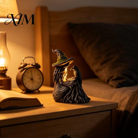 Decorative Pieces for Windowsill Luminous Witch & Raven Figurine with Mossy Tree Texture, Resin Gothic Creative Housewarming Gifts Statue LED
