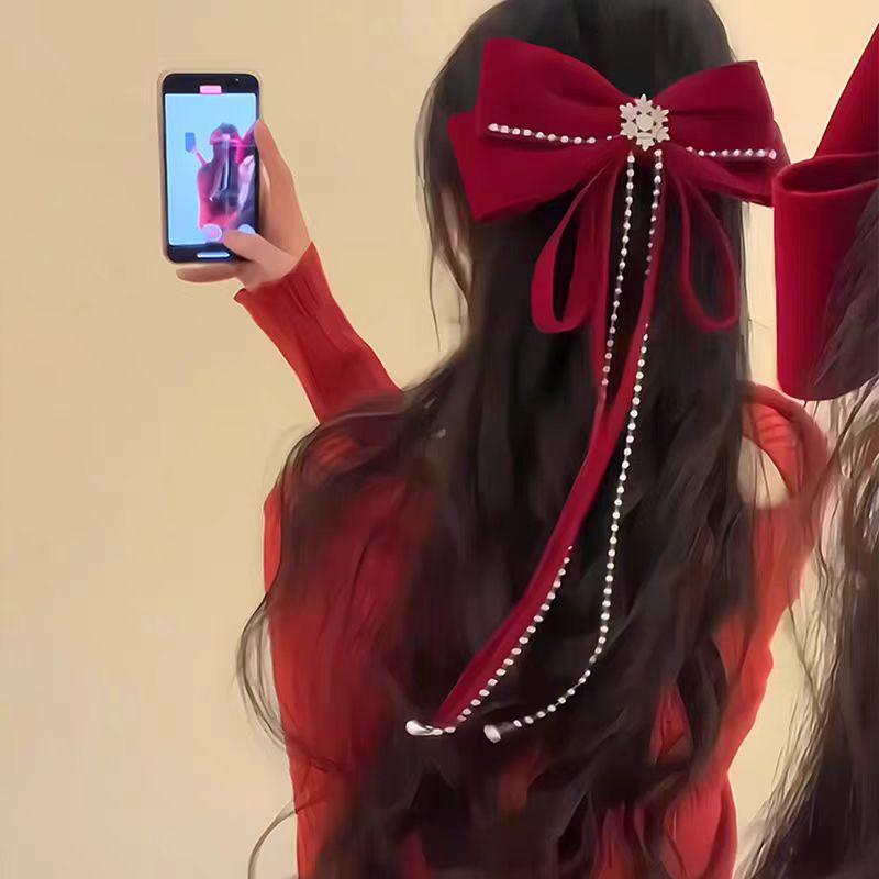 Красная бархатная заколка-бант в виде снежинки - Праздничный аксессуар для волос для женщин