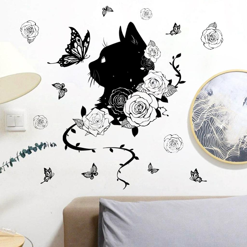 Wall Decal Black Cat Flower Butterfly Wall Decal Background Wall Home Decoration Wall Decal