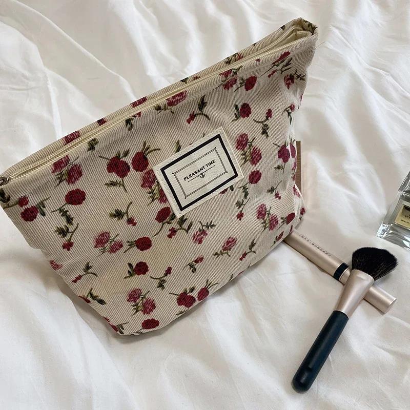 Corduroy Makeup Bags for Women Floral Print Cosmetic Bag Pencil Case Travel Toiletry Bag Storage Bag Organizer Beauty Case