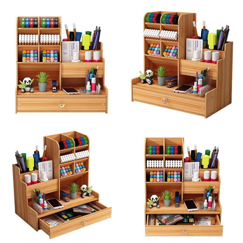 Molioon Wooden Desktop Organizer with Drawer and Pen Compartments, Large-Capacity Desk Storage Box