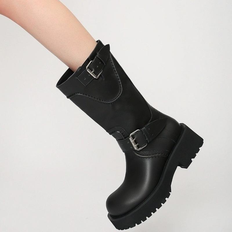 Wind Venom Boots Belt Buckle Thick-soled Medium Tube Knight Boots Upturned Head Western Cowboy Boots Women