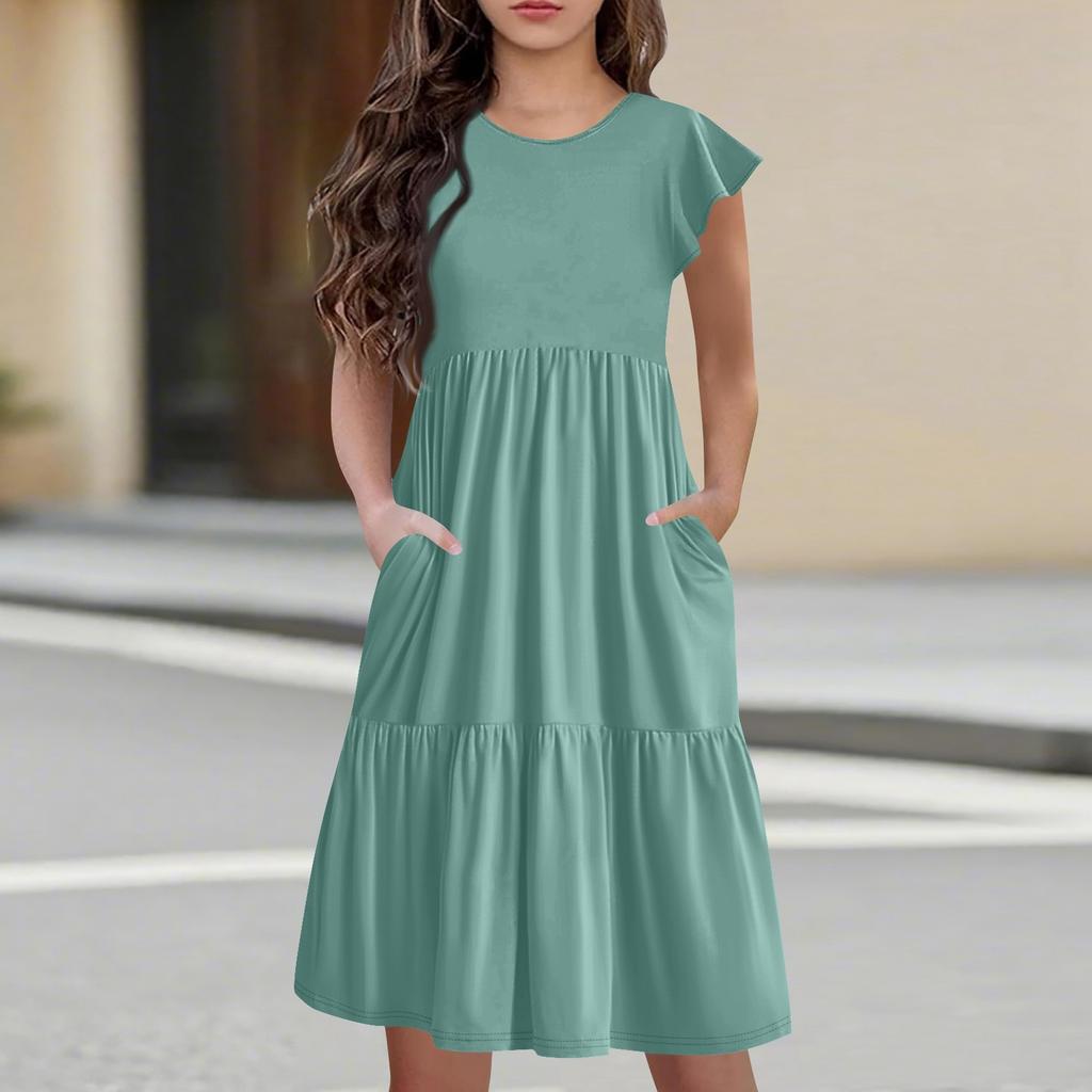 Детская юбка с круглым вырезом, плиссированная, с коротким рукавом, юбка принцессы, модное повседневное платье с карманами для девочек