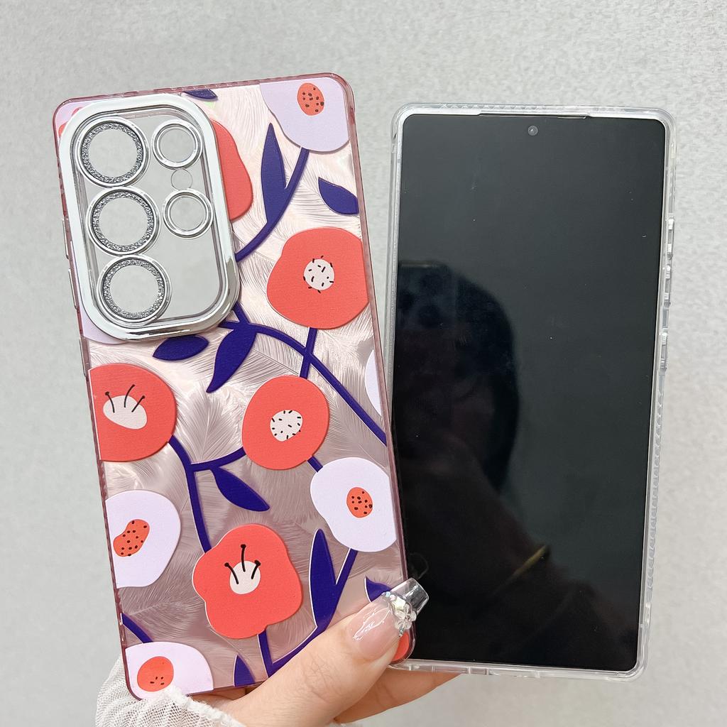 For Samsung Galaxy S25 Ultra Case Floral Pattern Design IMD PC+TPU Phone Back Cover with Glass Lens Film