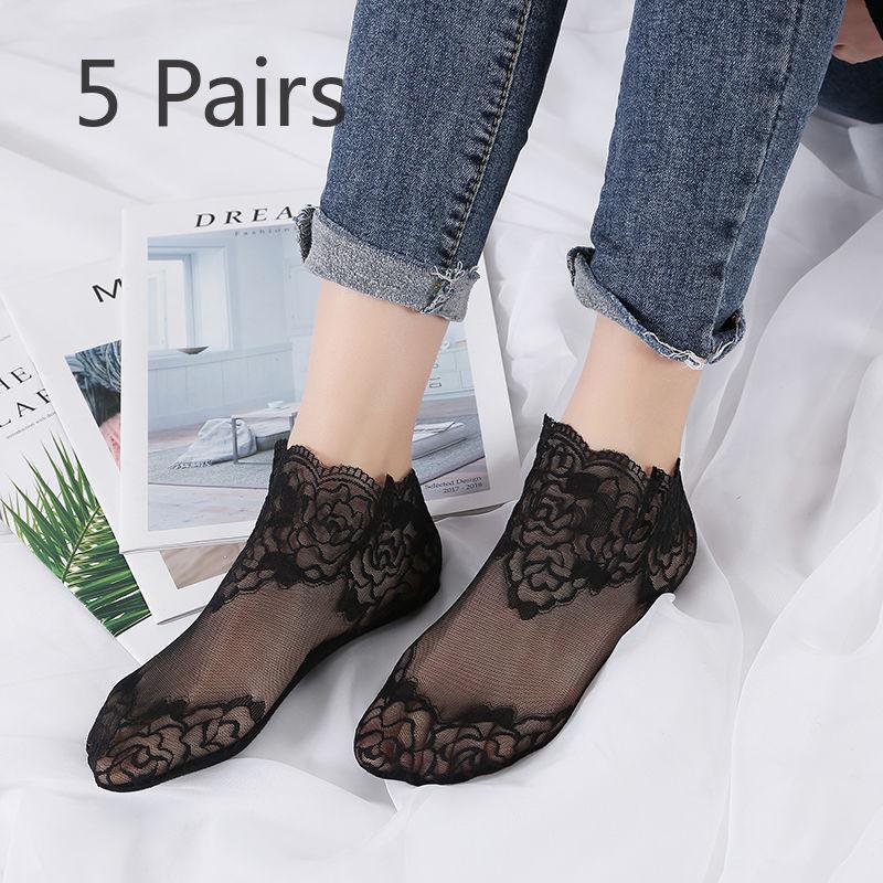 5 пар летних кружевных носков, женские кружевные носки, сетчатые дышащие носки-лодочки, ультратонкие нескользящие низкие носки