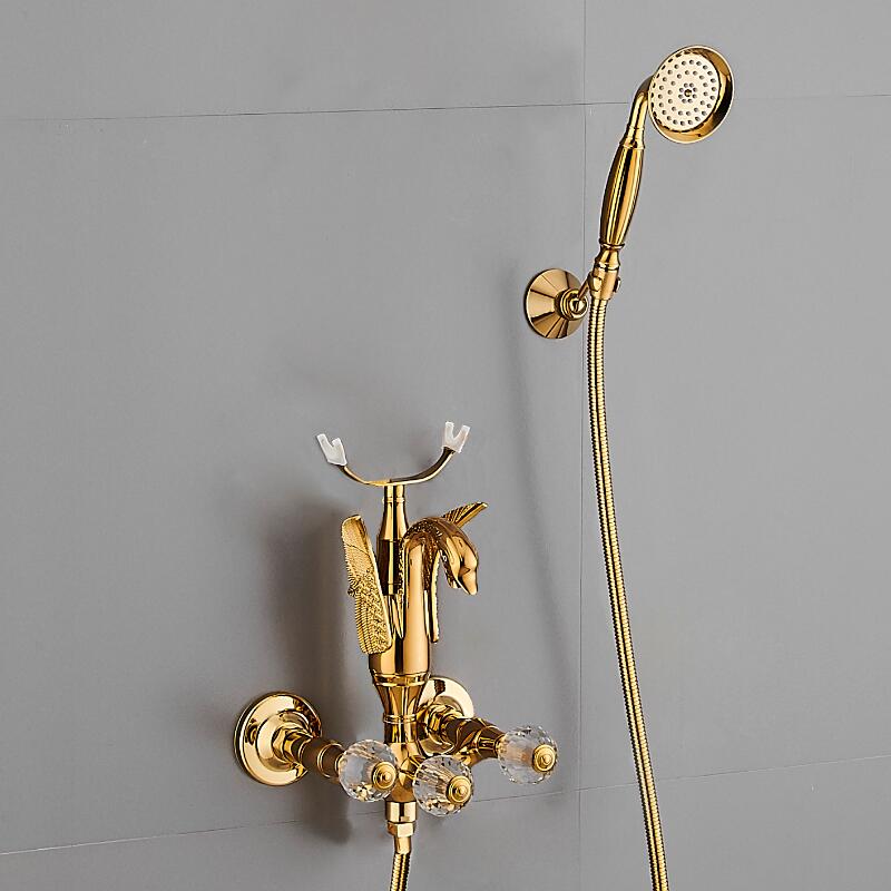 Tuqiu смеситель для ванны и душа, настенный смеситель для ванны с золотым лебедем, смеситель для ванны и душа с холодной и горячей водой из латуни
