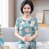 2 Pcs/Set Mid-aged Women Pajamas Set O Neck Flower Print Short Sleeve Elastic Waist Pleated Loose Thin Wide Leg Soft Sleepwear
