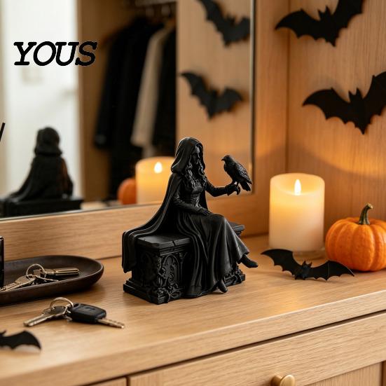 Ручная Детальная Резьба 3D Печатная Готическая Фигурка Королевы Ворон, Статуя в Плаще с Украшенным Коллекционным Вороном, Жуткое Настольное Украшение для