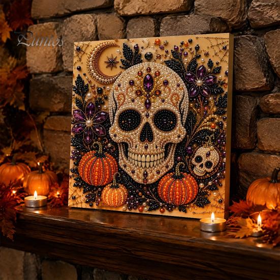 Pumpkin Wall Art Ghost Faux Pearl Kit, Halloween Painting DIY Autumn Home Decor 3D Spooky Skull Craft Kit for Adults Beginners, Fall Handmade