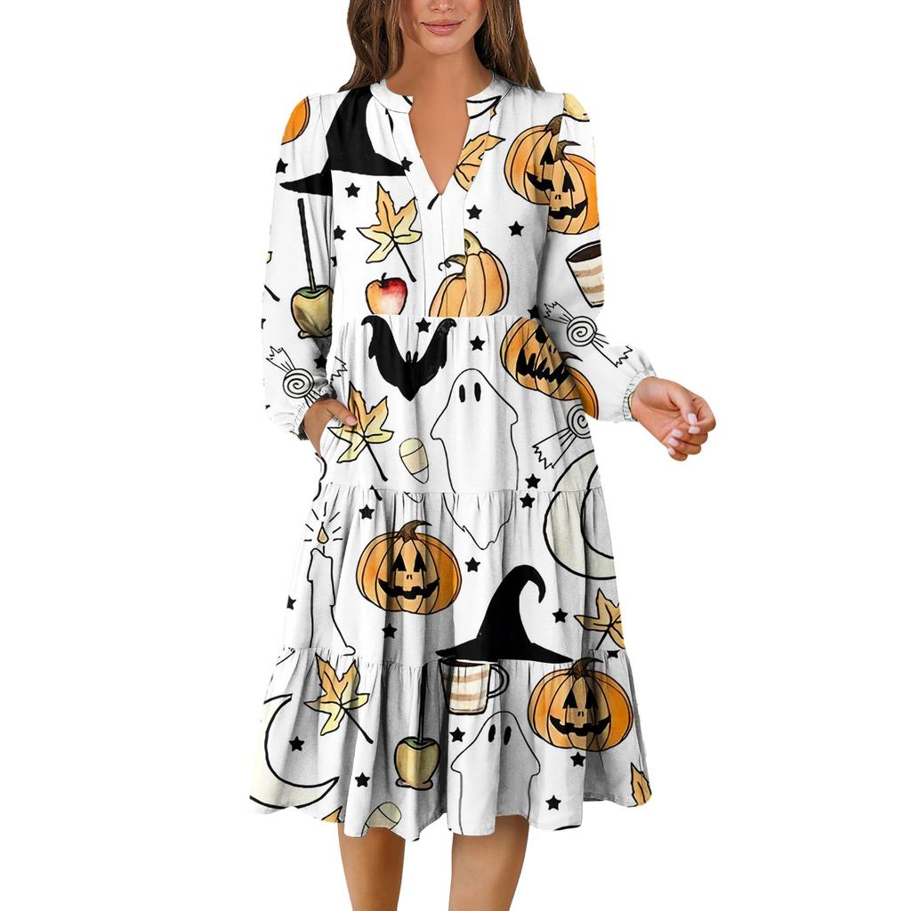 Women's V-Neck Flowing Layered Bohemian Long Sleeve Halloween Print Dress