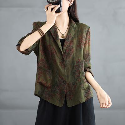 2025 Весна и лето Новый Большой Размер Свободный Ретро Художественный Утягивающий Пиджак Из Хлопка и Льна С Набивным Рисунком