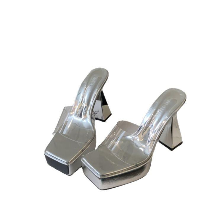 Прозрачные туфли на высоком каблуке женские 2025 лето новые водонепроницаемые на платформе со сверхвысоким каблуком шлепанцы модные сандалии на толстом каблуке