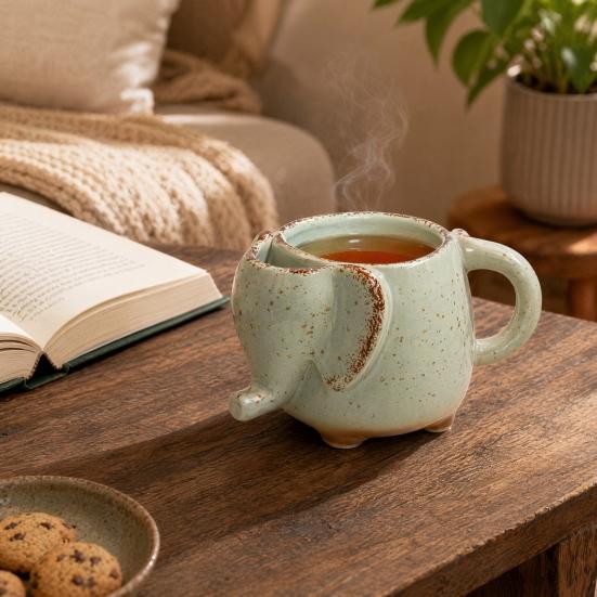 jijijing Elephant Tea Mug, Ceramic Coffee Cup with Bag Holder, Handmade Hot Drinks Cup, Unique Gift for Lover