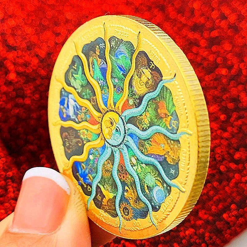 Twelve zodiac signs, color printing, Scorpio, gold-plated color printing commemorative medal, Gemini of love, decorative gold coin, Libra coin