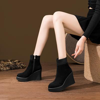 Кожаные короткие ботильоны на толстой танкетке, осенне-зимние, утепленные, тонкие вязаные, повседневные, универсальные ботинки Мартина, хлопковые ботинки