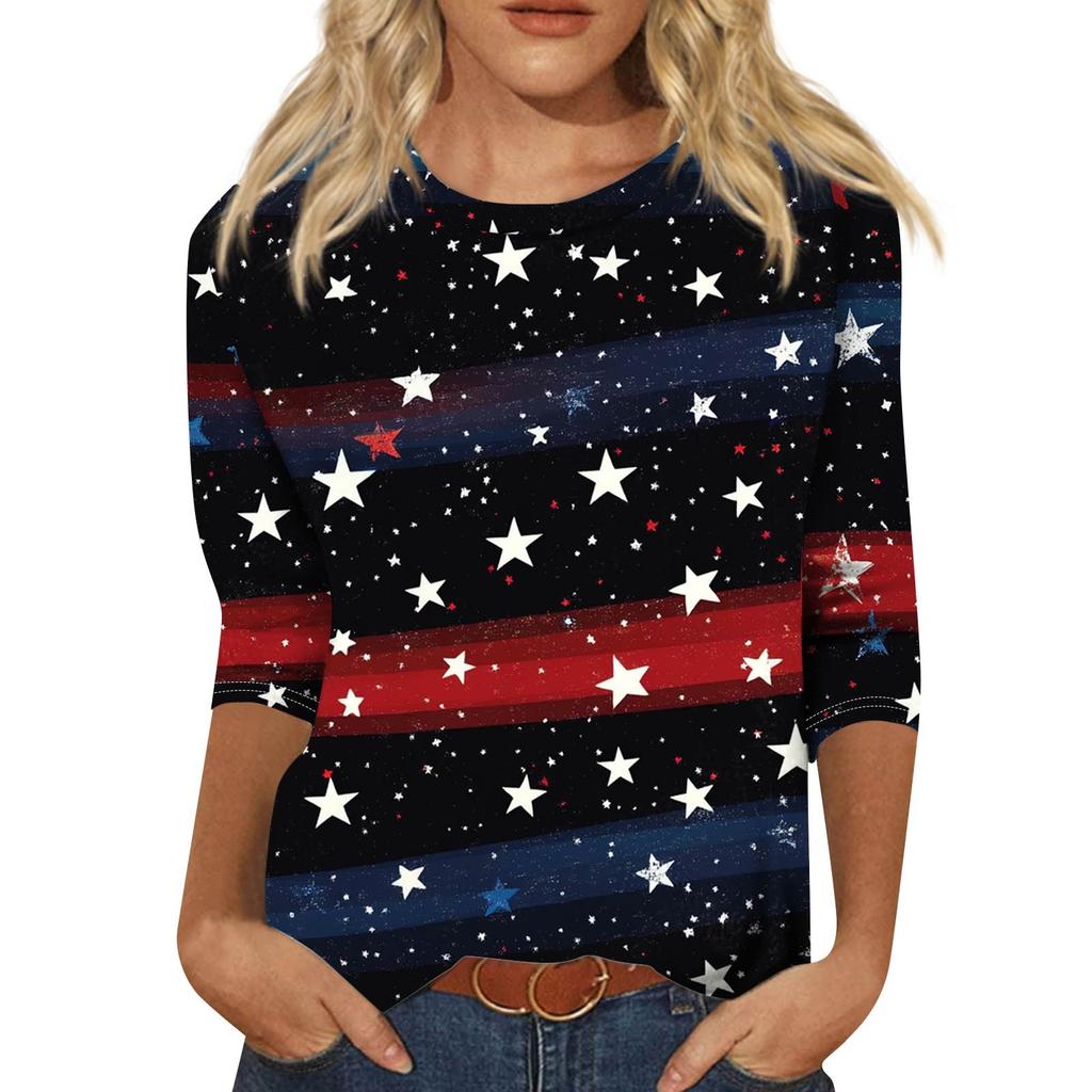 Women's Fashion Casual Seven Sleeve Independence Day Printed Round Neck Top