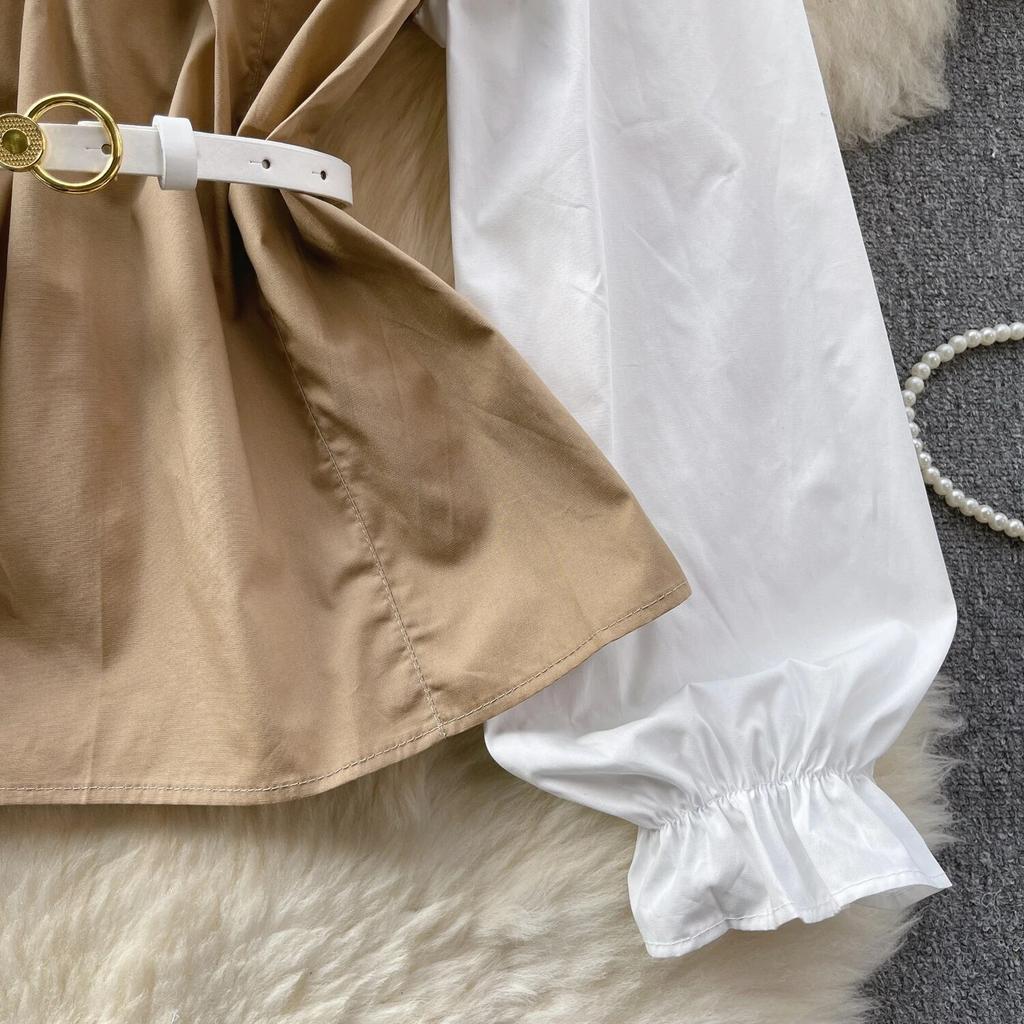 Korean Series Short Shirts for Women, Puff Sleeve Top, Large Lapel, Contrast Color, Patchwork, Early Spring Wear, New Fashion