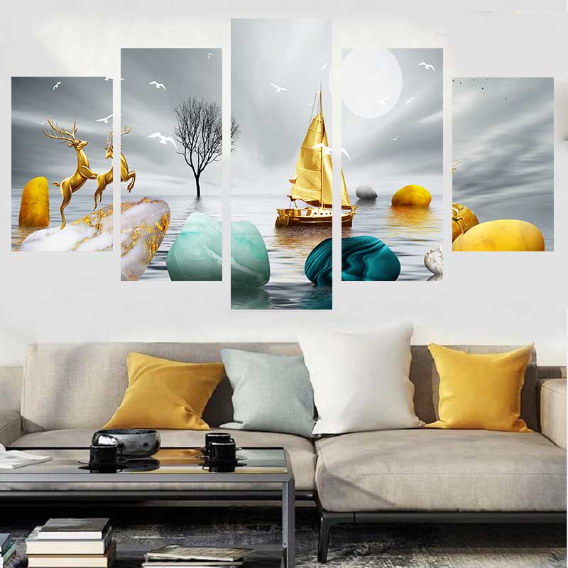5 панелей абстрактный пейзаж холст картина золотое дерево камень плакаты с оленями и принты настенные художественные фотографии домашний декор без рамки