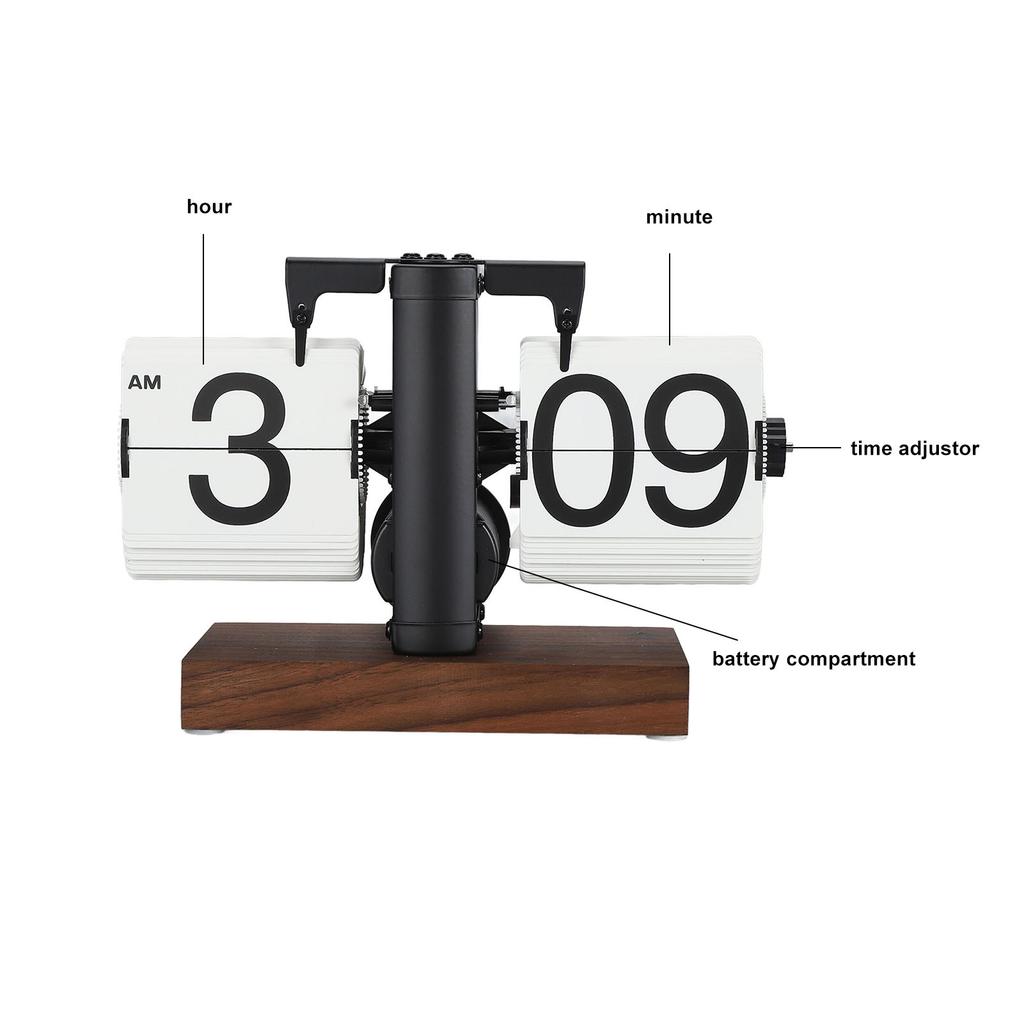 Digital Flip Clock 12 Hours Single Sided Large Number Automatic Retro Mechanical Flip Clock with Wood Base for Bedroom Office