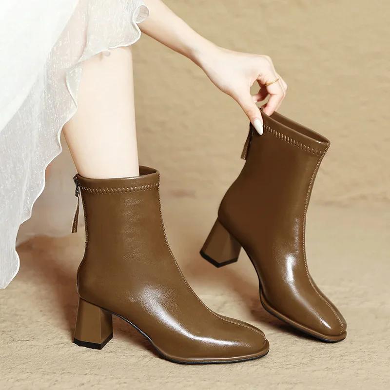 Осень и Зима Новые Полусапоги Квадратный Носок Толстый Каблук Тонкие Сапоги Коричневые Французские Ботильоны