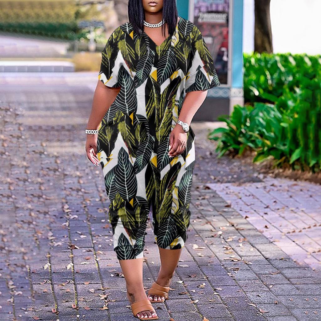 Женские повседневные комбинезоны на молнии с V-образным вырезом и короткими рукавами больших размеров с карманами, широкие длинные комбинезоны