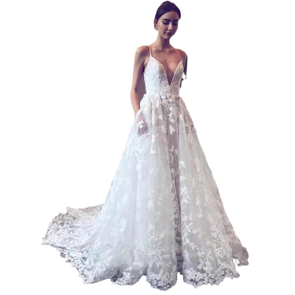 Новое европейское и американское, сексуальное платье-комбинация с V-образным вырезом, французское ажурное платье