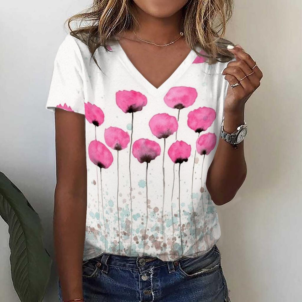 Футболка с 3D-принтом и цветочным принтом в виде тропических листьев, летние женские футболки с V-образным вырезом, топы Y2k, уличная одежда, футболки больших размеров в стиле Харадзюку, женская одежда