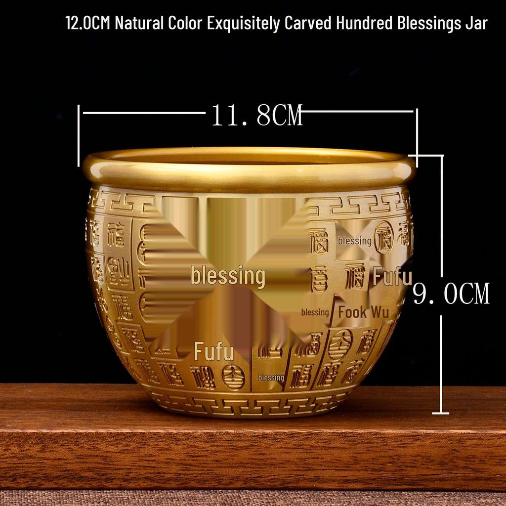 Brass Rice Jar: Home Decoration Treasure Basin with Hundred Blessings Couplet