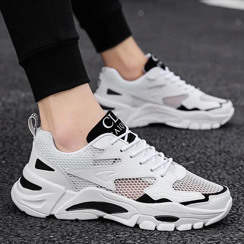Fashion Mesh Men's Sneakers White Summer Platform Sneakers Stylish Lace-up Male Sneaker Breathable Man Tenis Footwear Men's Sports Shoes