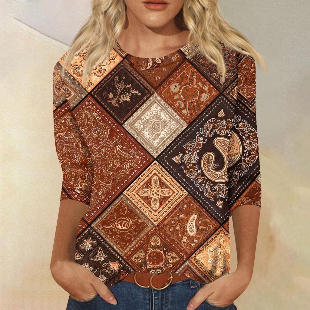 Женская модная повседневная футболка с круглым вырезом и рукавом три четверти, в стиле ретро, с цветочным принтом