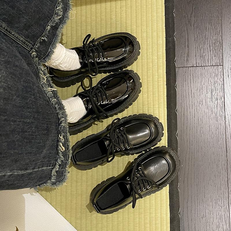 2024 Spring/Summer New Retro British Style Versatile Women's Shoes Black Heightened Lace Up Small Leather Shoes for Women