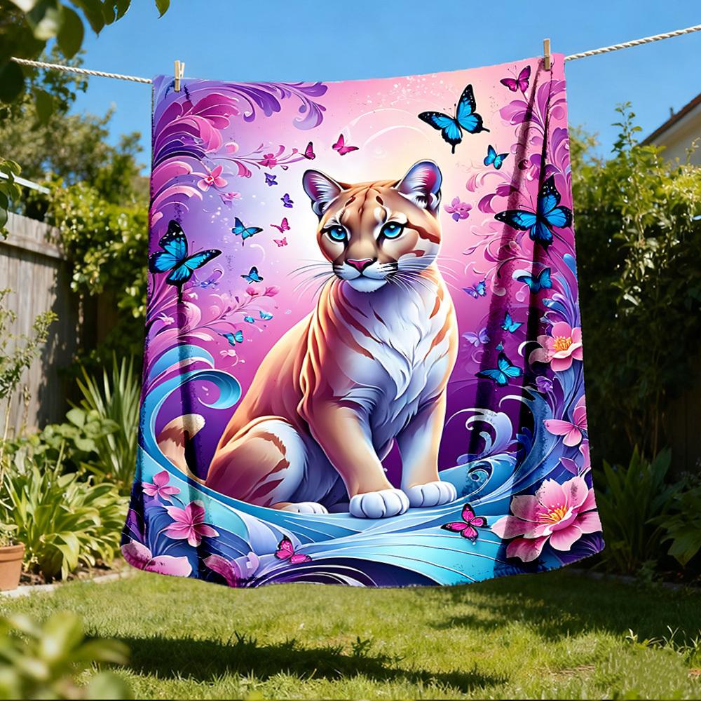1pc Cheetah Floral Butterfly Throw Blanket Polyester Fiber, Lightweight Flannel, Soft & Warm, All Season Use for Outdoor, Camping Digital Print