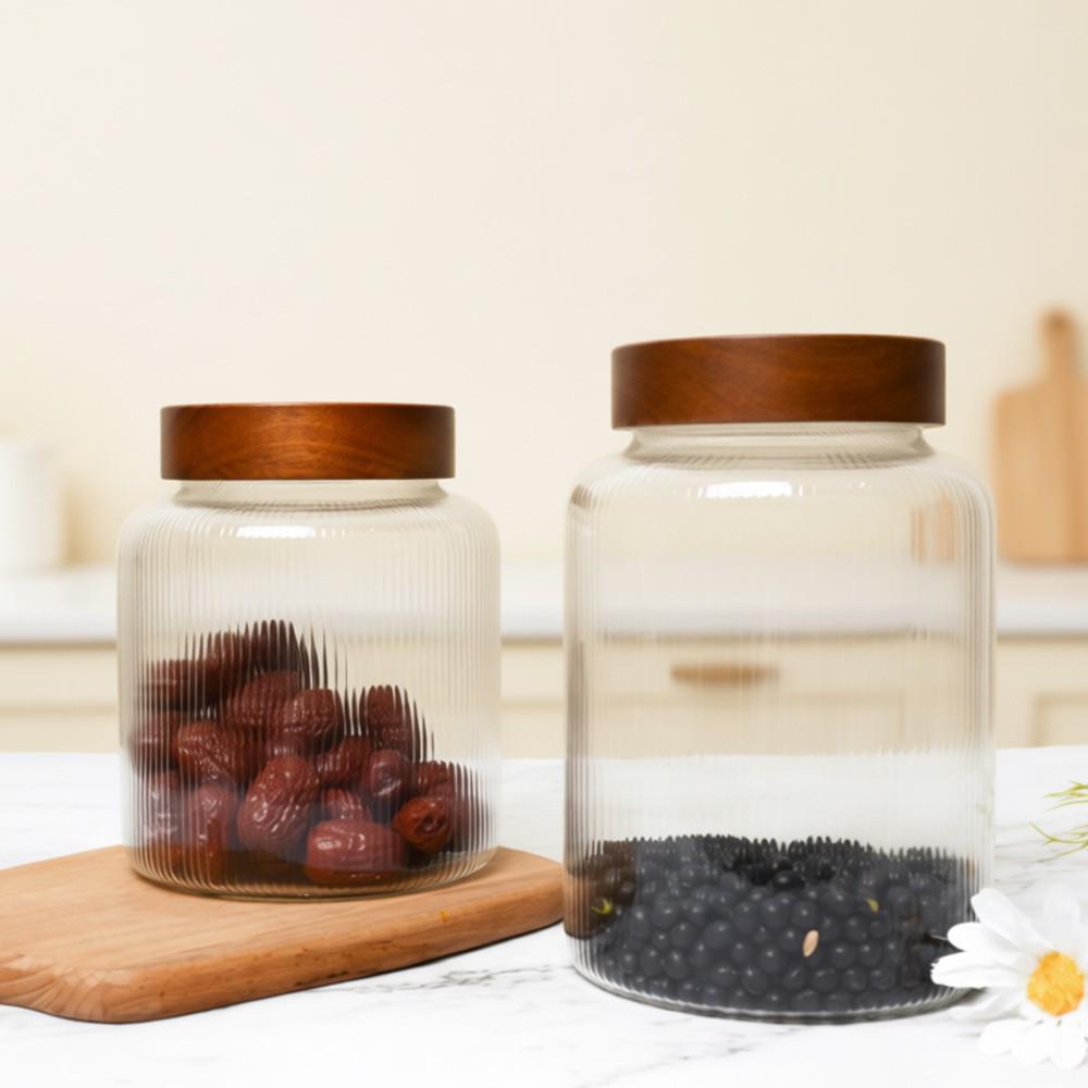Vertical Stripe Borosilicate Glass Jar with Acacia Wood Lid - Large Capacity for Kitchen Storage or Pickles