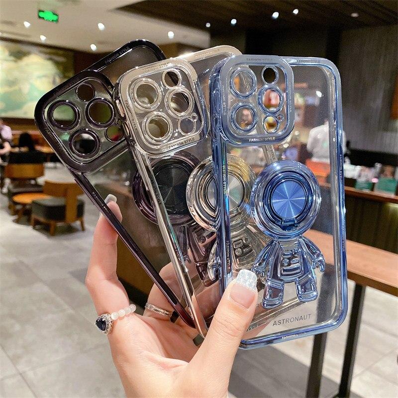 Роскошный мягкий силиконовый чехол с кронштейном для астронавта для iPhone 13 12 11 Pro Max X XR XS Max 14 Plus, задняя крышка с кольцом-держателем