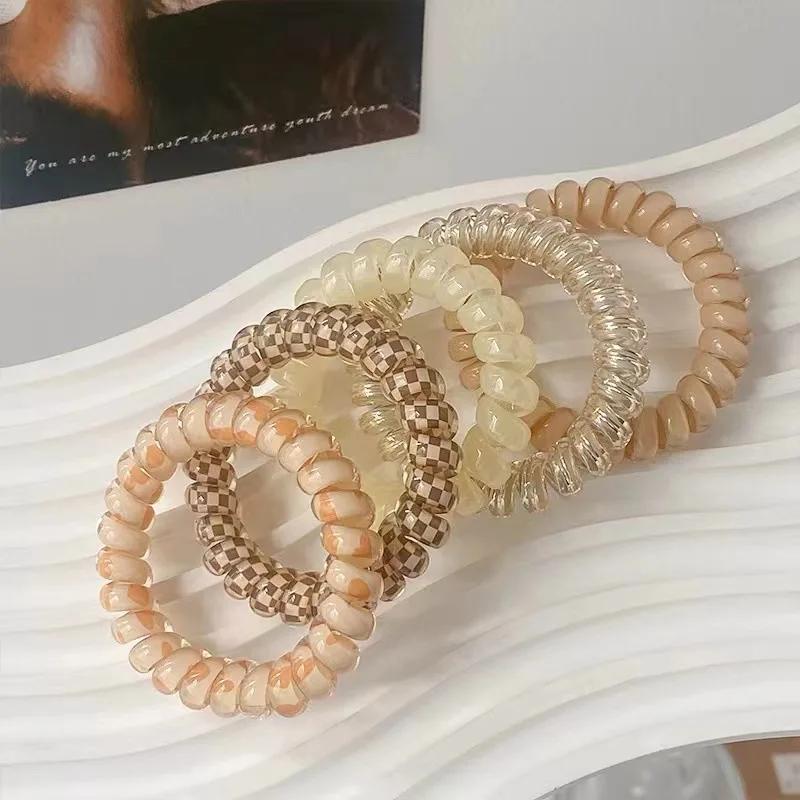 5pcs Set Telephone Cord Scrunchies Spiral Hair Ties Gradient Checkered Print Phone Cord Elastic Hair Band Hair Accessories