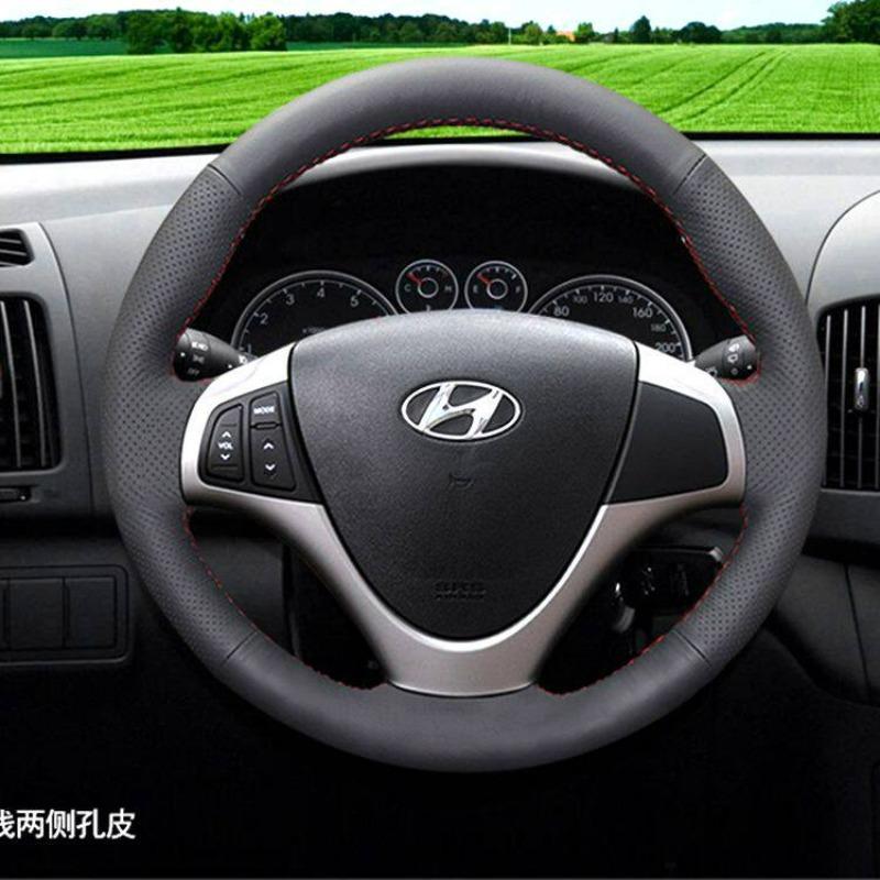 EEJQ9 For Hyundai I30 Elantra Touring 2009-2011 Customize Hand-stitched Fully Covered Black Leather Car Steering Wheel Cover Interior