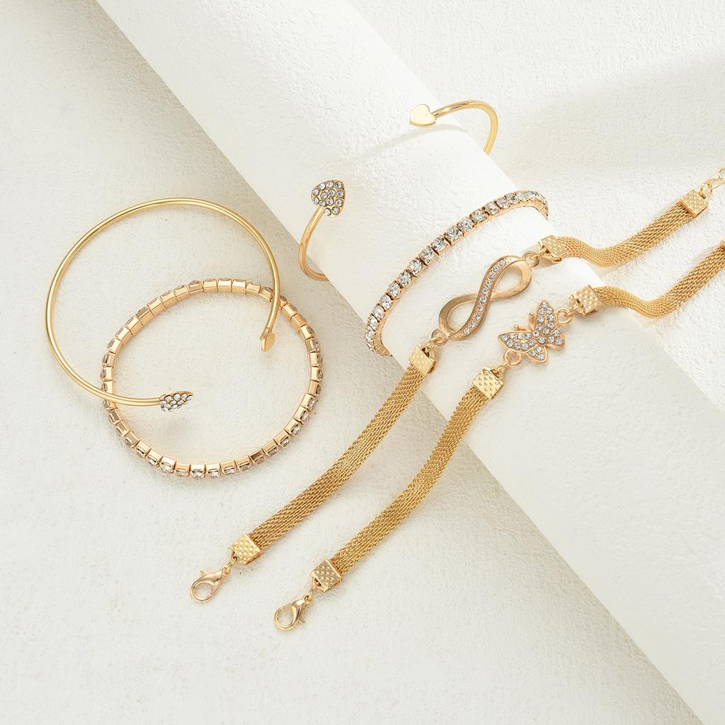 6pcs Vintage Gold Color Eight Word Butterfly Heart Bracelet Set for Women Punk Sparkling Rhinestone Infinity Cuff Bangle Jewelry