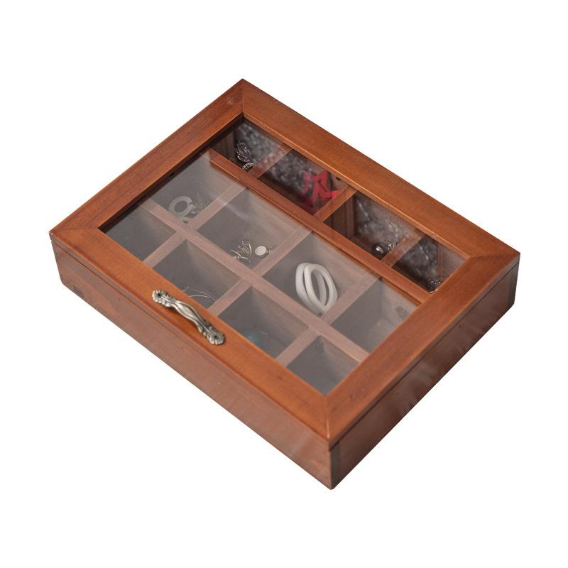 12/9 Grid Retro Solid Wood Jewelry Box, Wooden Jewelry and Cultural Toys Grid Storage Box with Glass Cover Jewelry Organizer