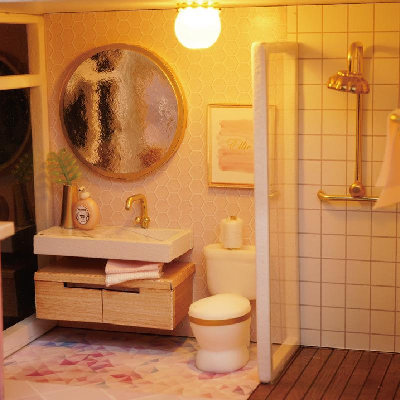 Miniature Pink Dream House Dollhouse With Furniture Kits Wooden Dolls House LED Lights Accessories