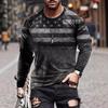 Round Neck 3D American Flag Printed Casual Long Sleeved Men's T-shirts - Soft Medium Stretch Polyester Fabric Spring and Autumn Relaxed Fit Clothing