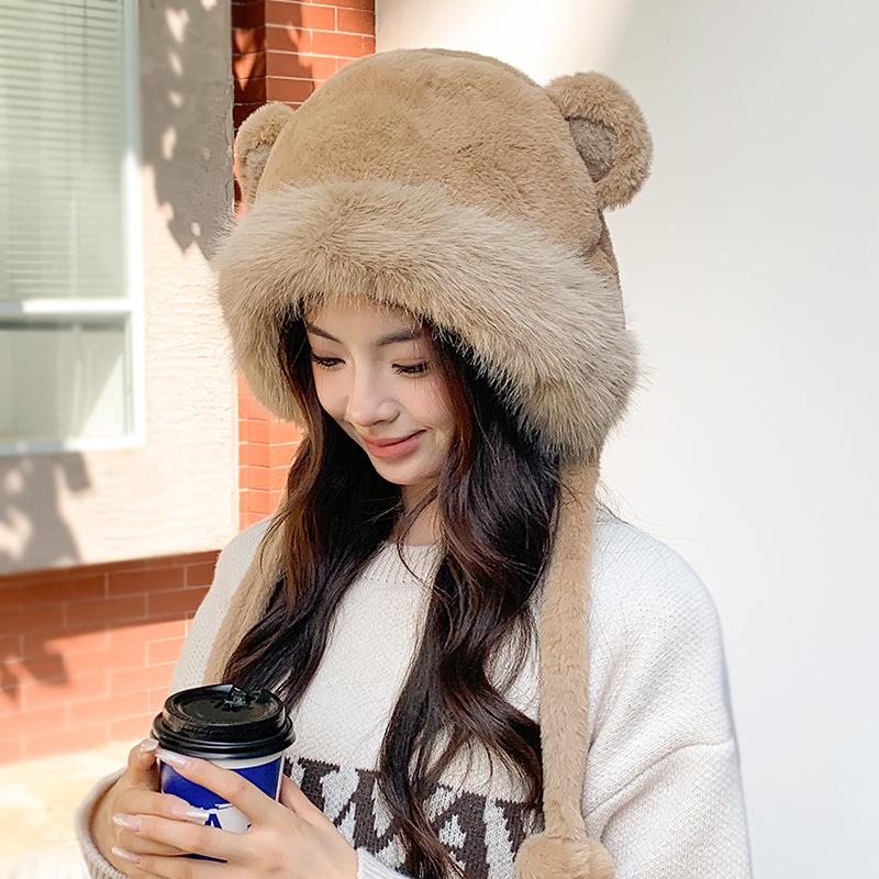 Cute Bear Warm Hat Female Lei Feng Cap Autumn And Winter New Outdoor Hundred Riding Cap Plush Ear Protection Hood