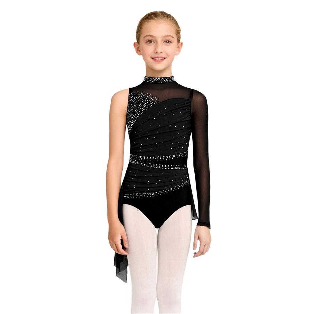 Платье для лирического танца для девочек, костюм для фигурного катания, сверкающие стразы, присборенная сетчатая накидка, асимметричный юбочный купальник